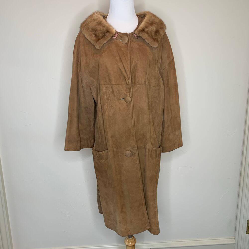 50s 60s Suede Fur Collar Tan Coat Size Medium